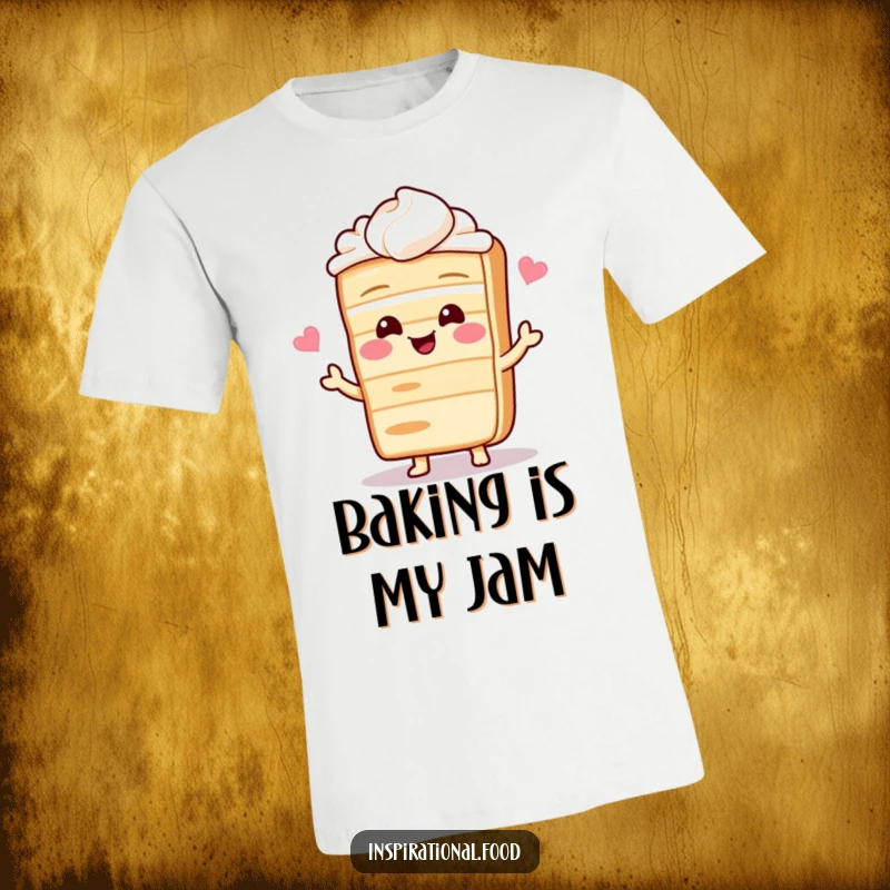 Funny t-shirt showcasing a giggling cake character revealing a delightful recipe, perfect for anyone who loves to bake.