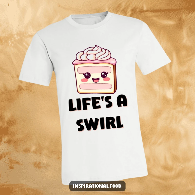 Funny t-shirt displaying a happy slice of cake with beautifully swirling frosting, radiating delight and sweetness.