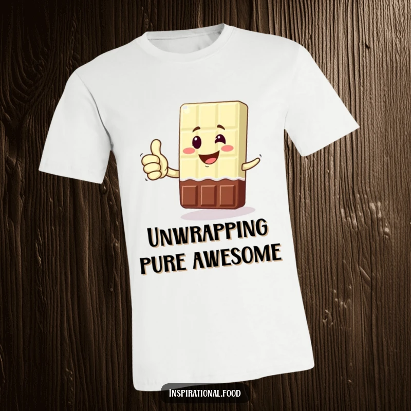 Funny T-shirt with a grinning chocolate bar character giving a thumbs up, exuding playful confidence and sweet victory.