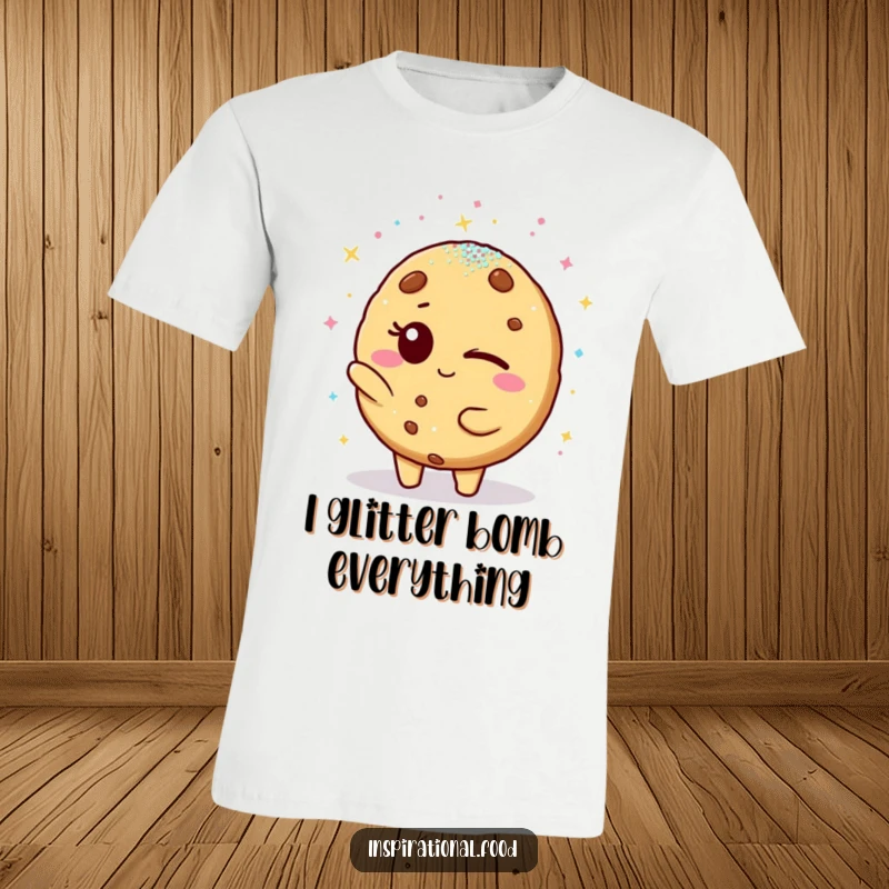 Funny t-shirt: A winking cookie character joyfully showers a friend with shimmering edible glitter, showcasing a playful and generous personality.