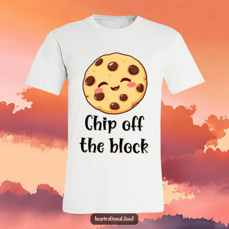 Funny t-shirt with a delighted chocolate chip cookie winking playfully, perfect for spreading cheer and smiles.