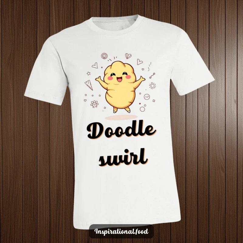 Funny t-shirt depicting a bubbly croissant character doing a joyful twirl amongst creative and colorful artistic doodles.