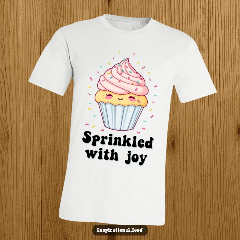 Funny t-shirt showcasing a happy cupcake imagining a downpour of colorful candy sprinkles, a joyful and whimsical scene.