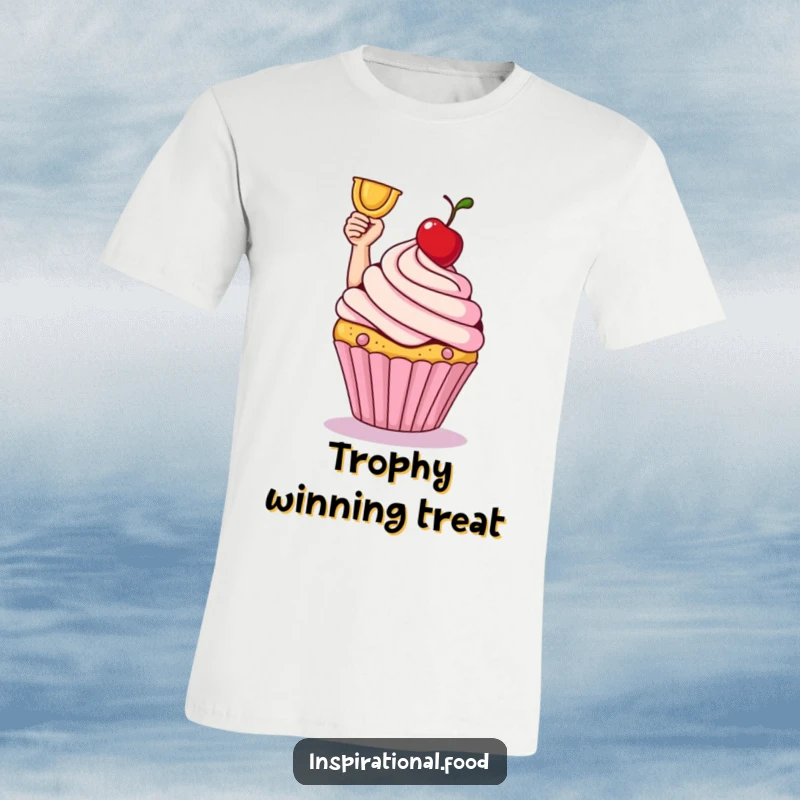 Smiling cupcake raising a cherry like a trophy on a comfortable t-shirt. Great present.