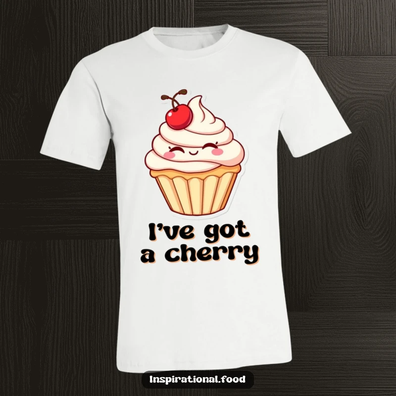 Funny cupcake t-shirt with a plump character and cherry, giving a mischievous wink for a stylishly humorous look.