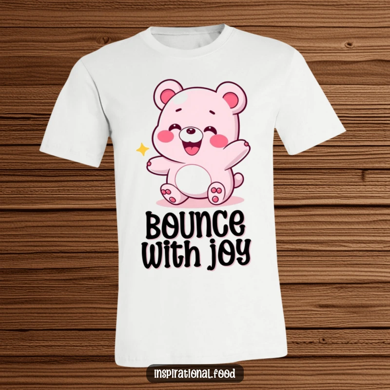 Funny t-shirt graphic of a grinning gummy bear in an energetic bounce, symbolizing joy, playfulness, and boundless enthusiasm.