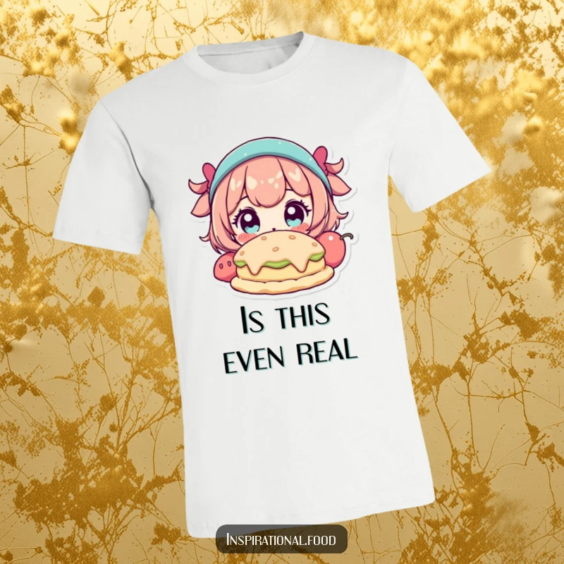 Funny T-Shirt depicting a character with wide eyes looking in amazement at an imaginative and fantastical food creation.