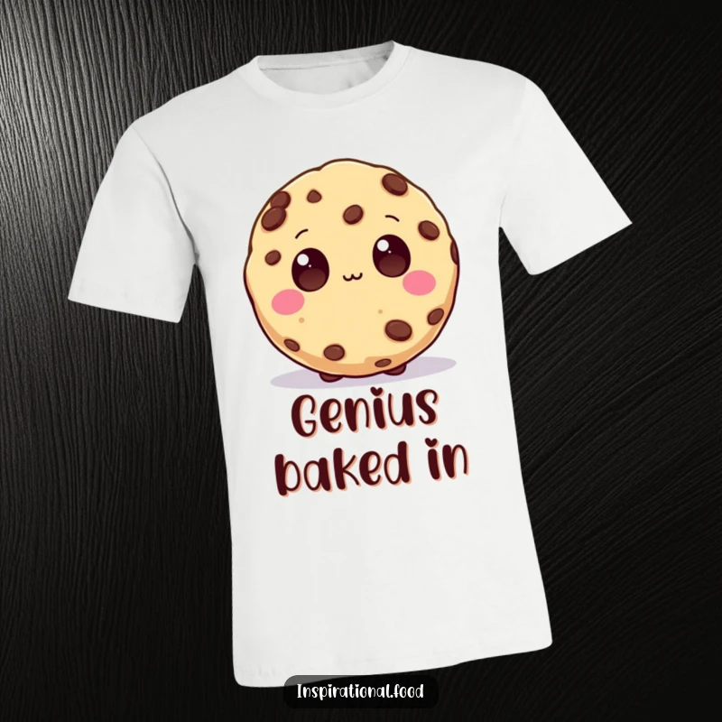 Funny T-Shirt showcasing an inspired cookie character with wide chocolate chip eyes, radiating creativity and a passion for new ideas.
