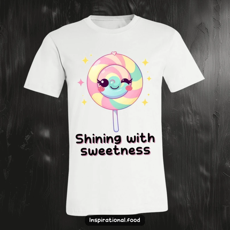 Funny lollipop t-shirt showcasing a vibrant character emitting sweet sparkles, perfect for expressing a fun and sweet personality.