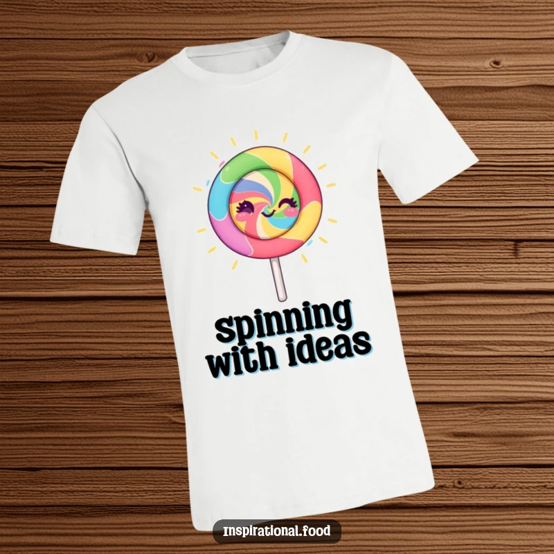 Funny lollipop character t-shirt, spinning energetically with bright colors, radiating creative power, perfect for expressing artistic and humorous individuality.