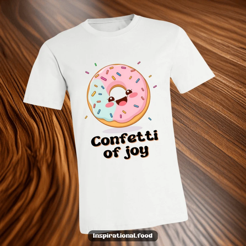 Funny t-shirt depicting a donut character with a happy swirl design, giggling joyfully while being showered in colorful sprinkles.