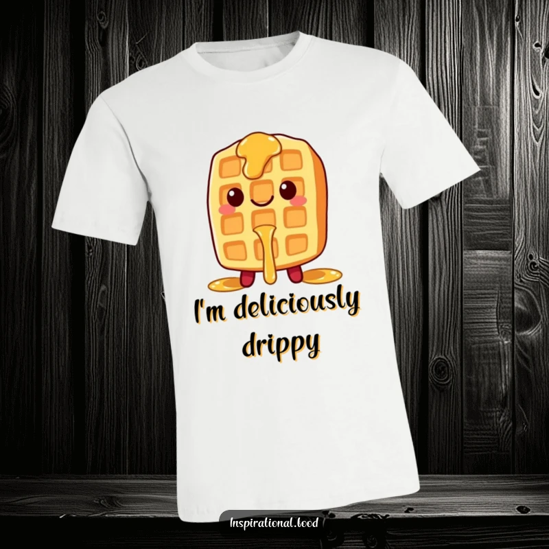 Funny T-shirt showcasing a cheerful waffle character with sticky syrup dripping down, embodying breakfast joy.