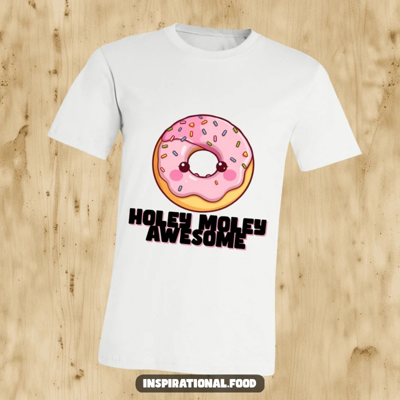 Happy donut character with a halo of sprinkles on a comfortable t-shirt. Delicious present.