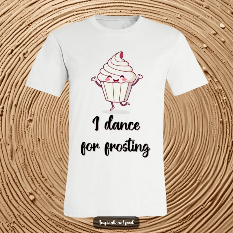 Funny t-shirt depicting a playful cupcake character in a happy, sugary dance, radiating pure, infectious delight.