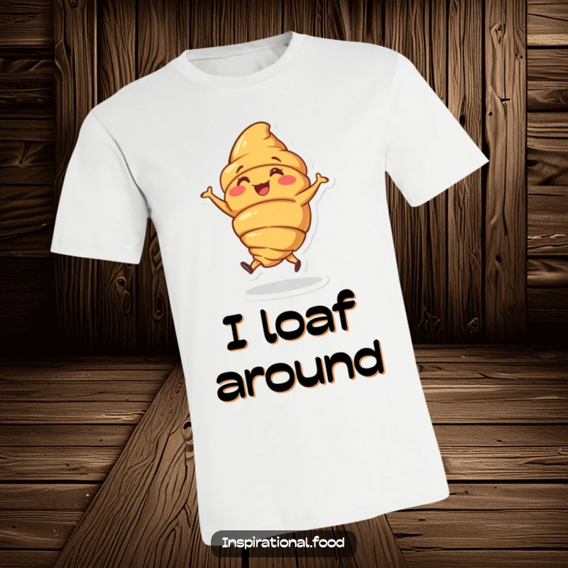 Funny t-shirt featuring a joyous croissant character doing a little dance, perfect for bakery enthusiasts.