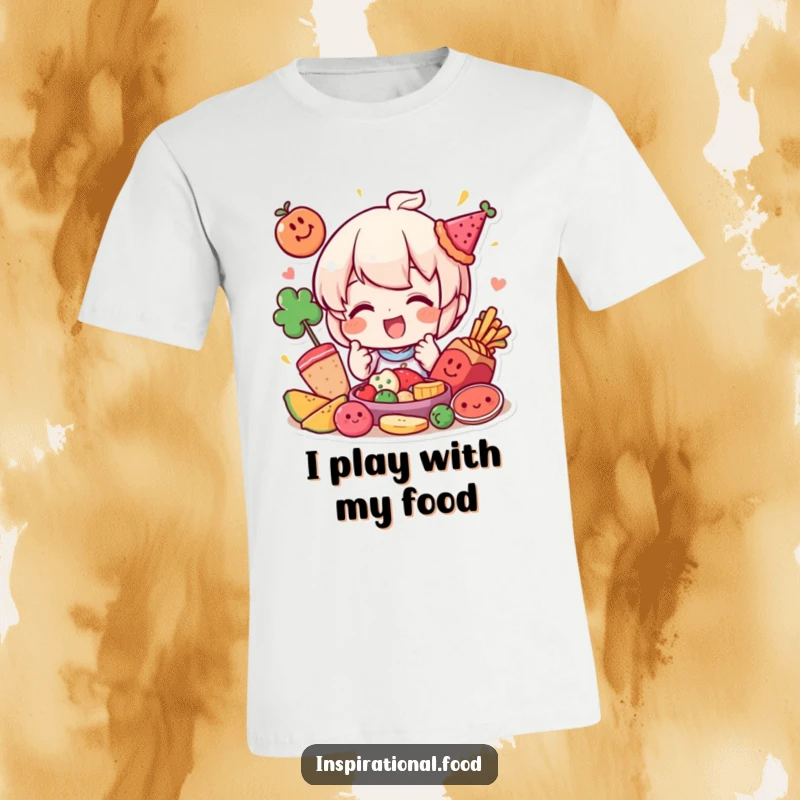 Funny T-Shirt with a happy character playfully arranging colorful food elements, a celebration of creativity and fun.
