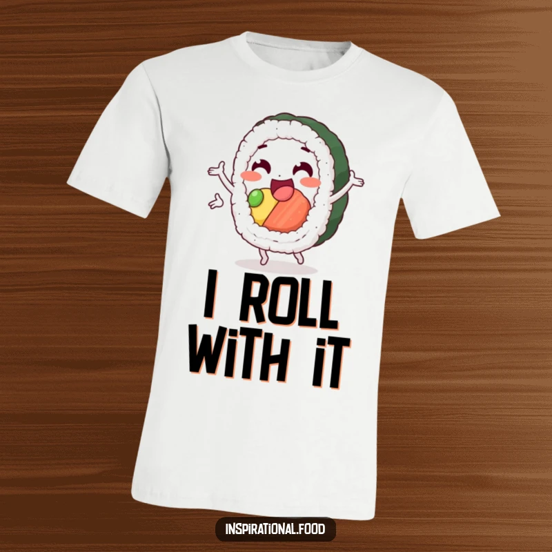 Funny sushi loop t-shirt, a delighted sushi roll character in a dynamic cheerful loop, showcasing a love for food and fun.