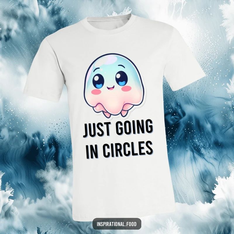 Funny T-shirt featuring a wobbling jelly character with round eyes, spinning around with joyful abandon.