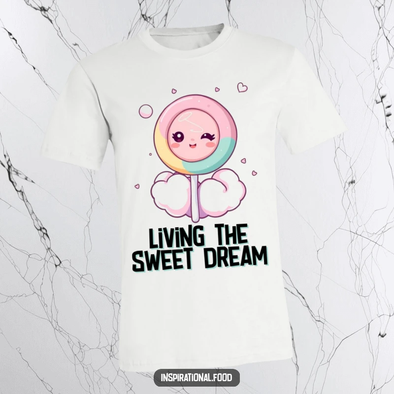 Funny t-shirt showcasing a dreamy lollipop character blissfully floating on a pastel cotton candy cloud, evoking pure sweet fantasy.