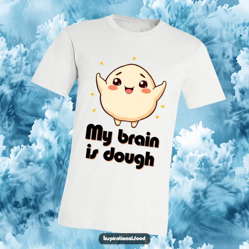 Funny t-shirt featuring a happy dumpling character overflowing with imaginative food ideas, showcasing culinary artistry.