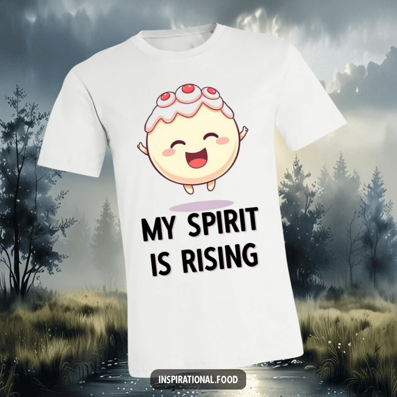 Funny T-shirt with a round cake character levitating magically with a delighted, happy expression, exuding sweet joy.