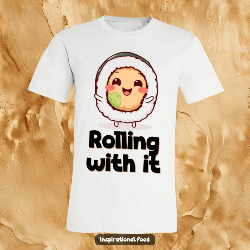 Funny sushi roll character wiggling its body with infectious delight on a soft cotton t-shirt, celebrating food and fun.