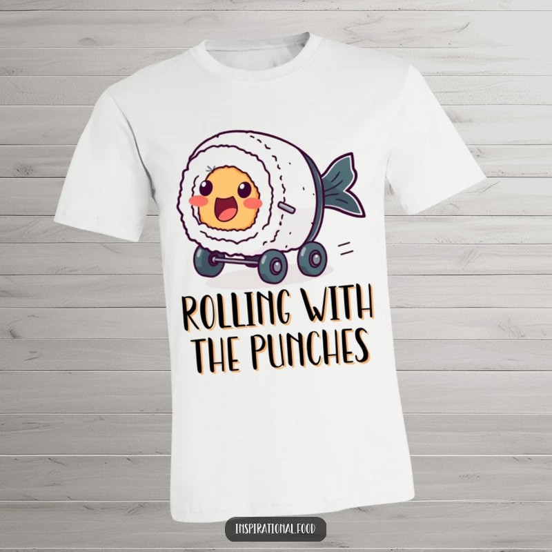 Funny T-shirt featuring an excited sushi roll character with dot eyes, zooming rapidly on tiny wheels.
