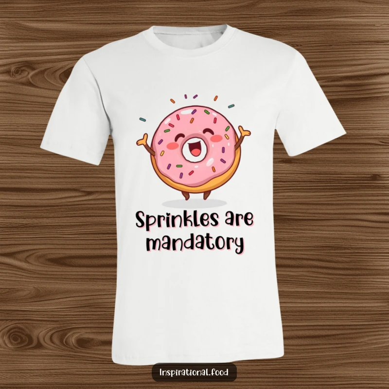 Funny donut with sprinkles shaking off while wiggling happily on a t-shirt, a cheerful and energetic design.