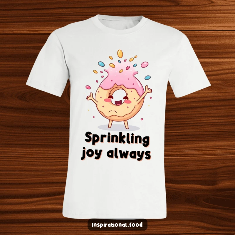 Funny donut cascade t-shirt, a cheerful donut character joyfully tossing sprinkles and sugar, embodying happiness and a love for sweets.