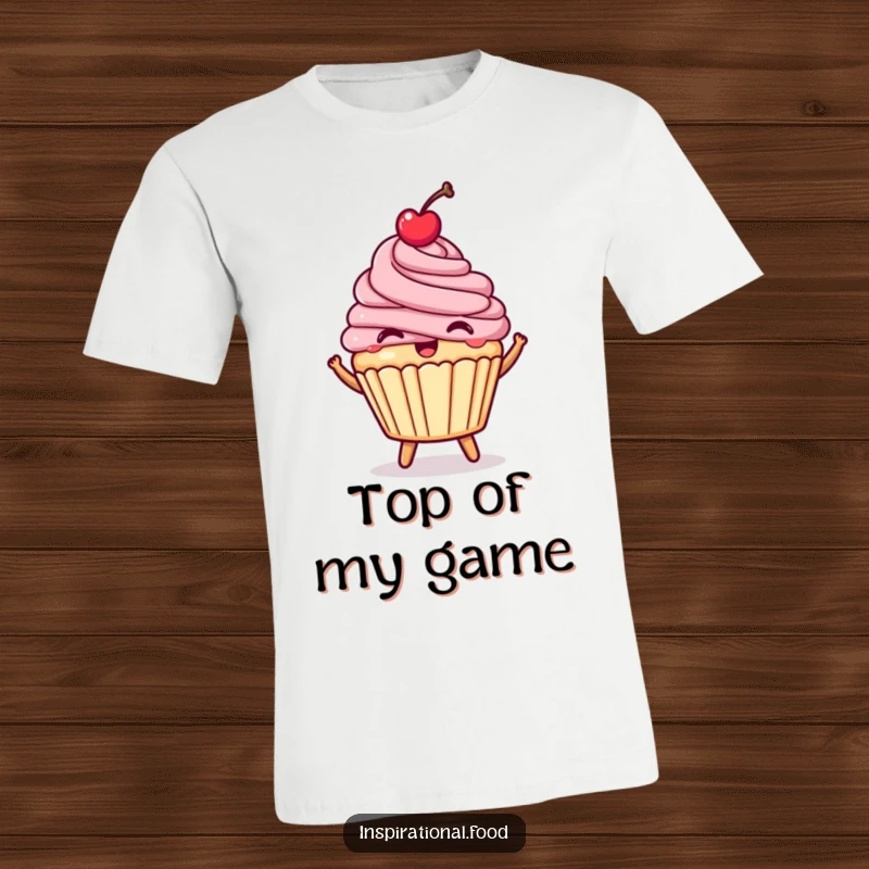 Funny happy cupcake t-shirt, with a cherry on top, bouncing with joy, cute dessert apparel.