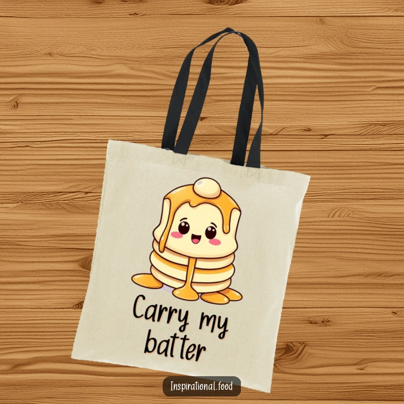 Funny tote bag featuring a beaming pancake character with a syrup cascade, ideal for carrying breakfast treats.