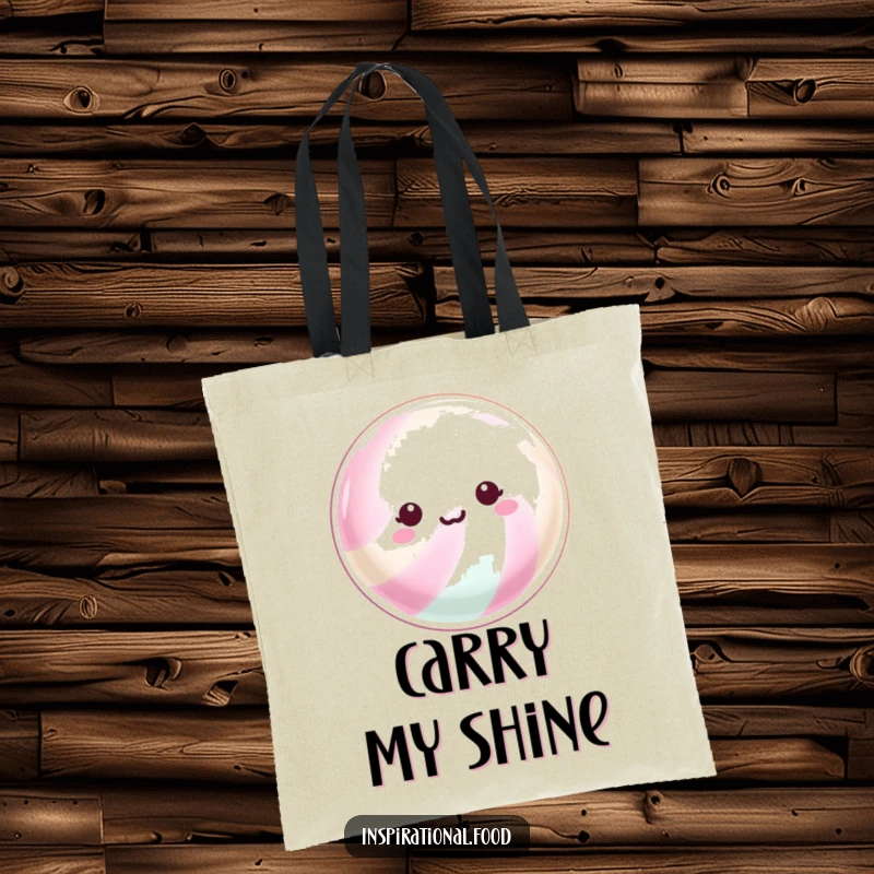Funny Tote Bag: Features a beaming hard candy with a shimmering surface, perfect for carrying essentials with a sparkling touch.
