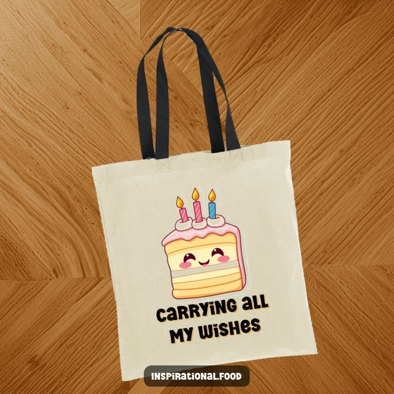Funny tote bag depicting an inspired smiling slice of birthday cake with candles, perfect for carrying party essentials humorously.