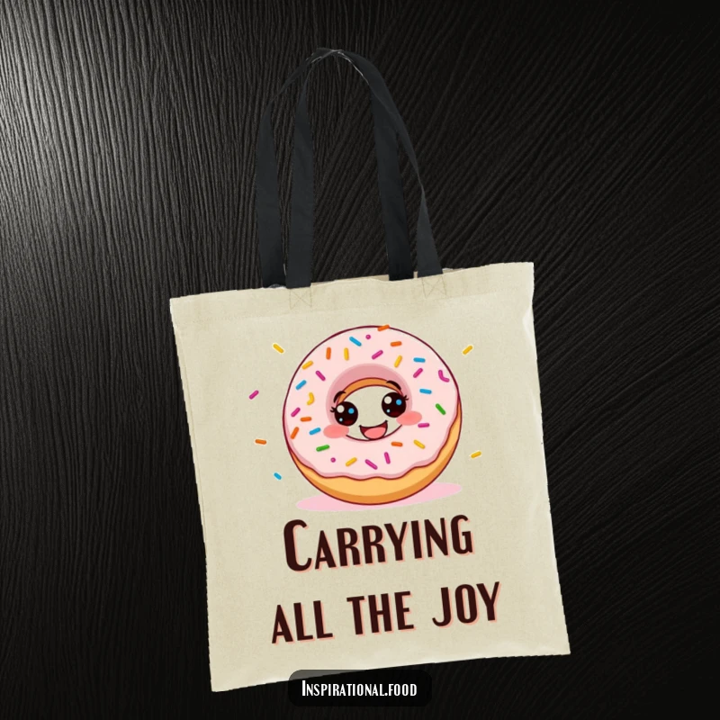 Funny donut tote bag depicting a grinning character scattering a rainbow of sprinkles, stylish and practical for daily use.