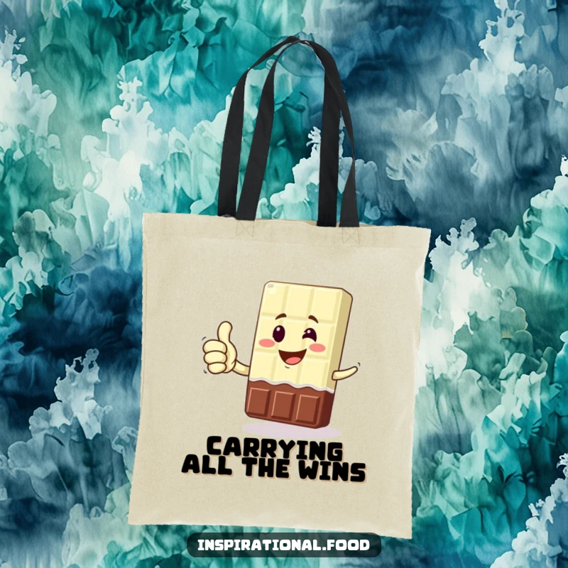 Funny tote bag featuring a grinning chocolate bar character giving a victorious thumbs up, ideal for carrying groceries with humor.