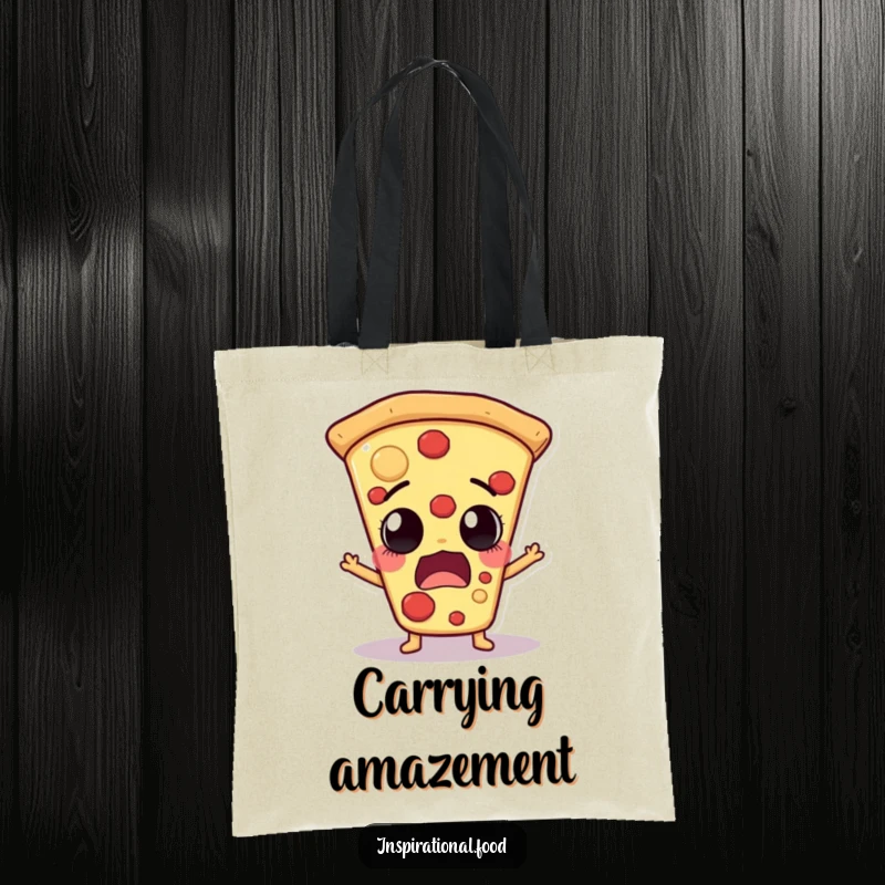 Funny pizza slice character with an astonished expression, mouth wide open, on a sturdy tote bag, ideal for carrying pizza-related items.