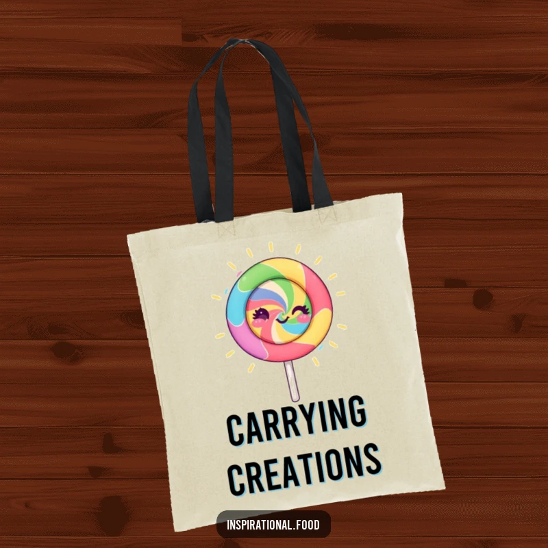 Funny lollipop character tote bag, spinning with vibrant colors and creative energy, perfect for carrying art supplies or daily essentials with humor.