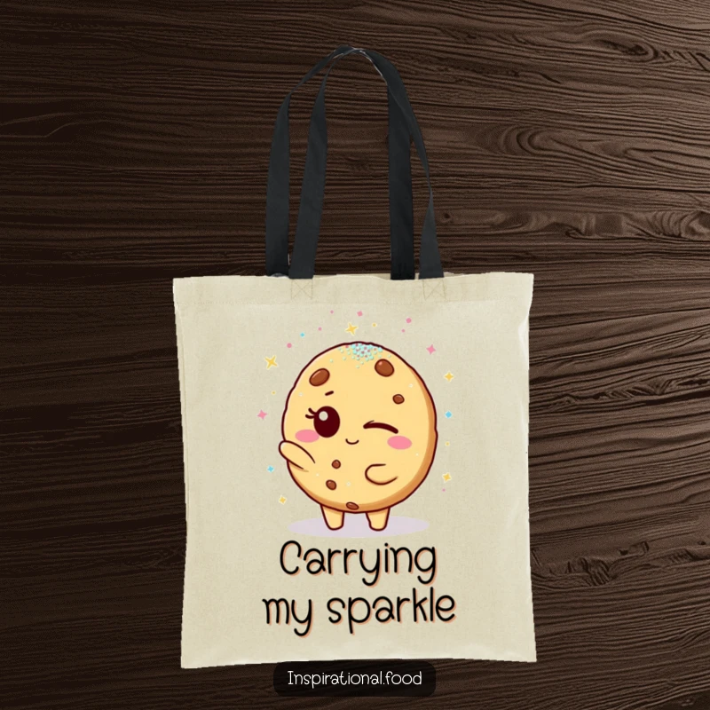 Funny tote bag: A winking cookie character playfully showers a friend with sparkling edible glitter, perfect for carrying anything with flair.