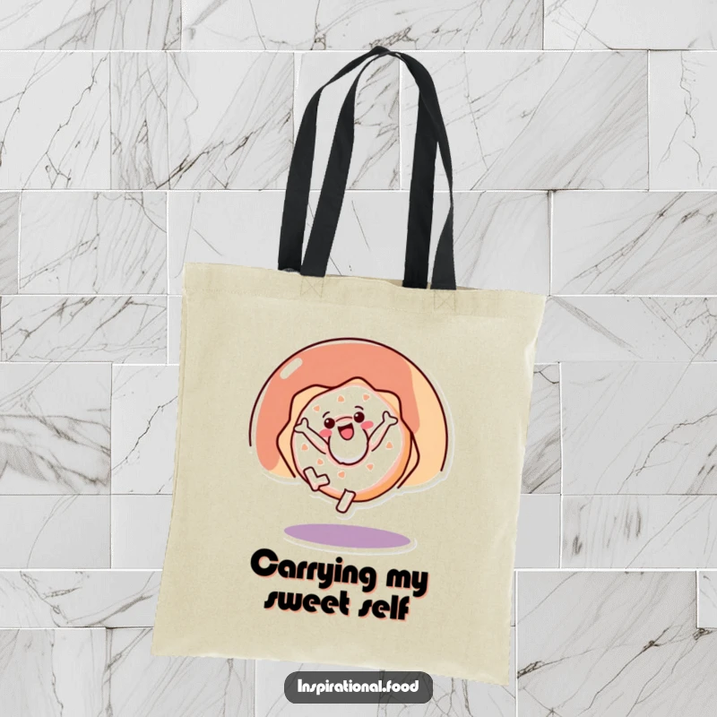 Funny tote bag illustrating a joyful doughnut character in mid-cartwheel, perfect for carrying groceries or good vibes.