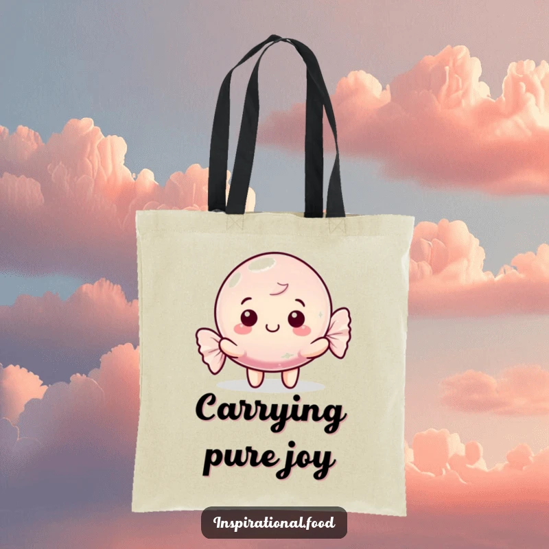 Funny tote bag featuring a happy candy character with a shimmering wrapper, symbolizing sweetness and practicality, a durable and funny gift.