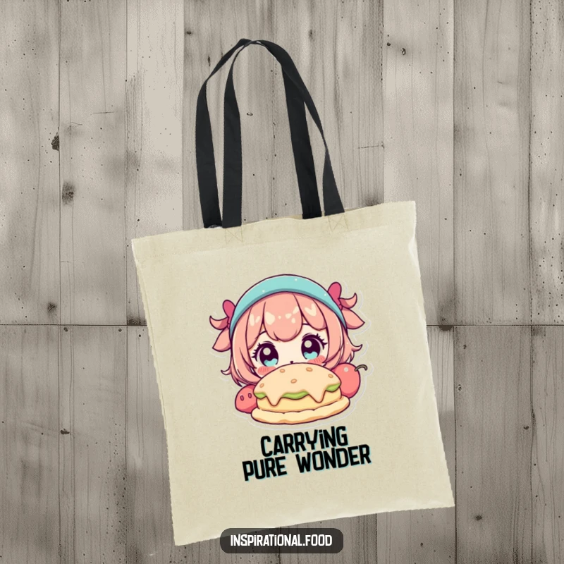 Funny tote bag with a character with wide eyes admiring a fantastical food creation, perfect for carrying your dreams.