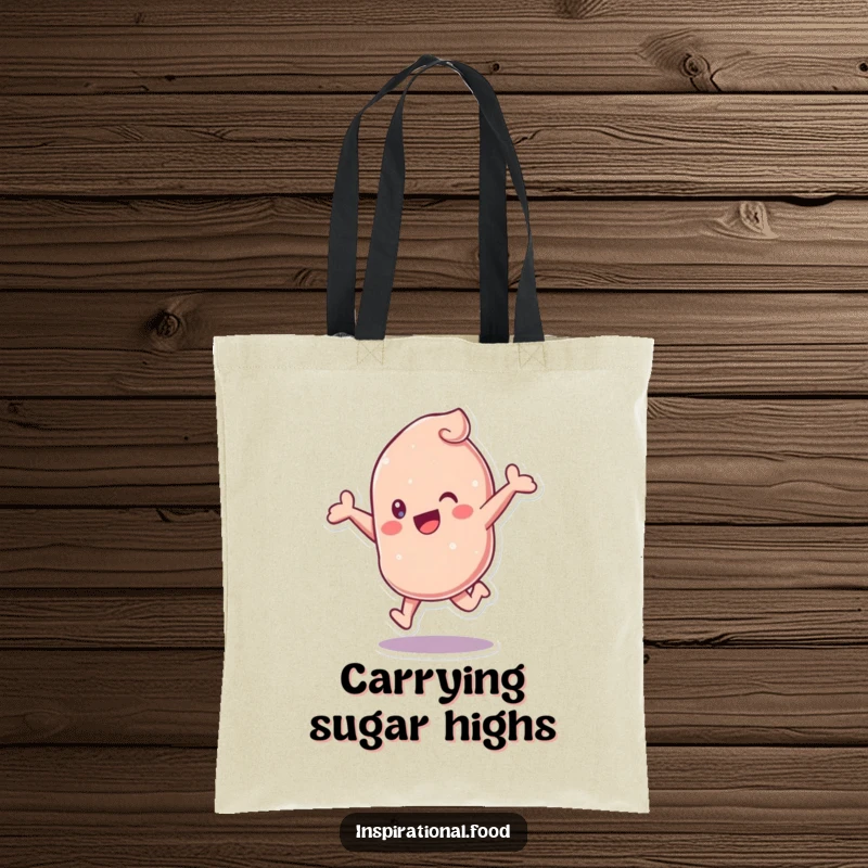 Funny Candy Tote Bag featuring a leaping candy character, perfect for carrying essentials with a dose of sweetness and fun.