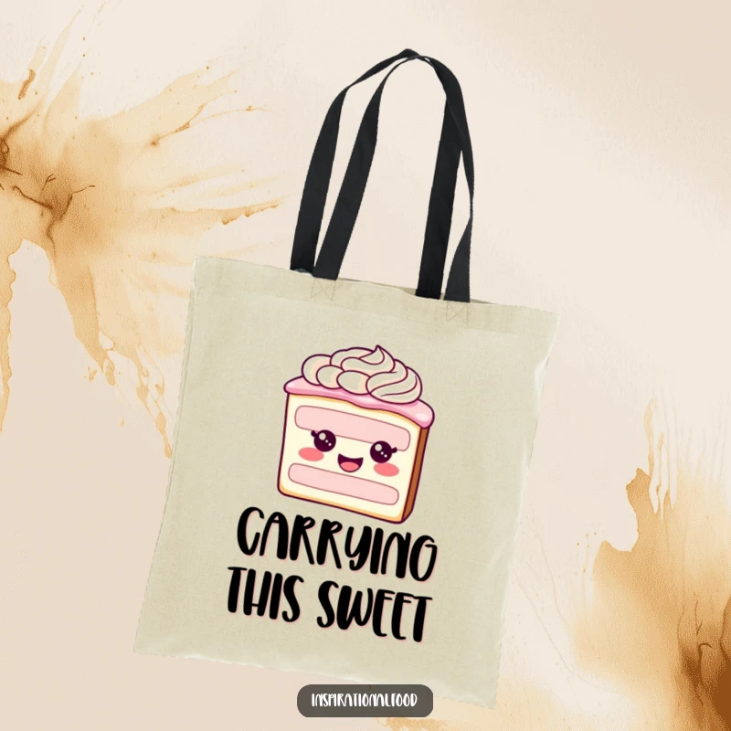 Funny tote bag featuring a smiling slice of cake with artistic frosting swirls, a sweet and practical accessory.
