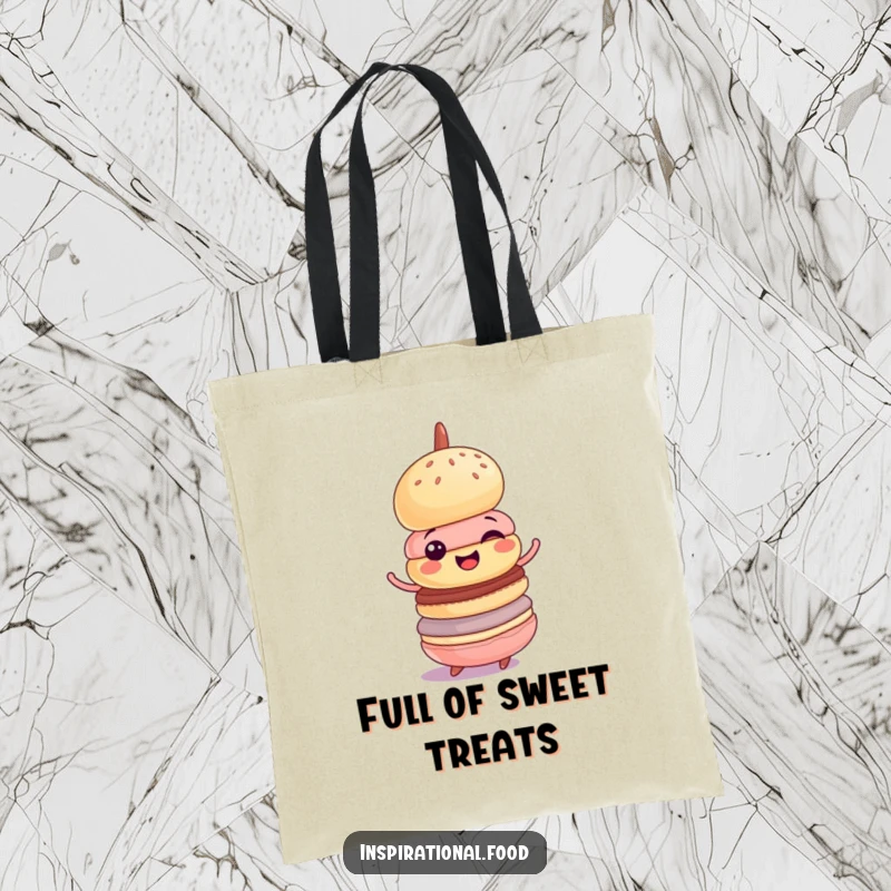 Funny tote bag depicting a cheerful macaron tower spinning with delight, carrying treats with a humorous, wobbly charm.