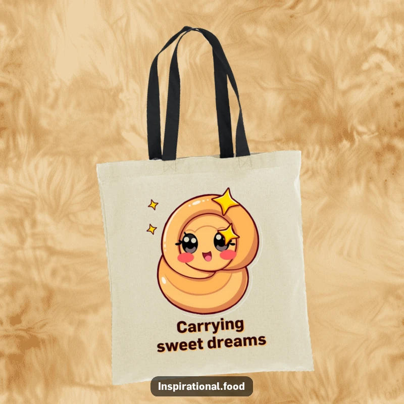 Funny caramel swirl tote bag with a stylized character with starry eyes spinning, great for shopping.