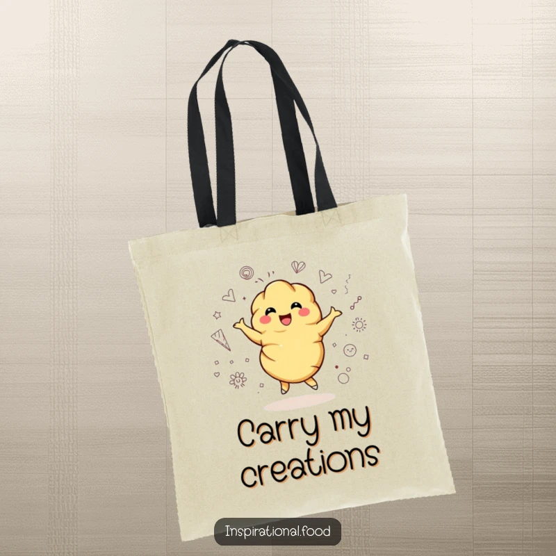 Funny tote bag showing a bubbly croissant character joyfully twirling surrounded by a vibrant array of artistic doodles.