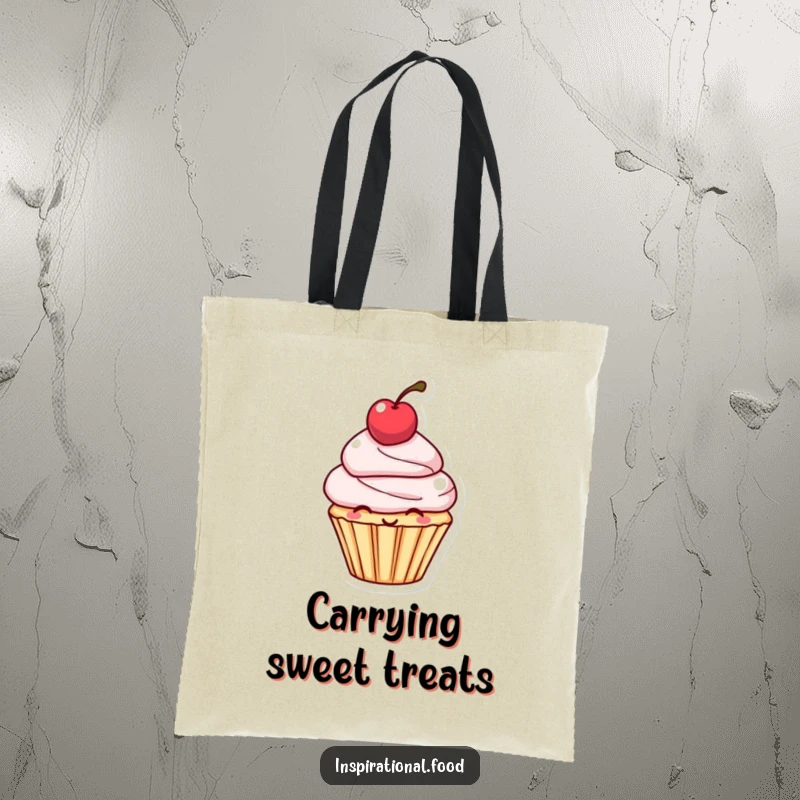 Funny Tote Bag: A smiling cupcake character with a cherry balanced on its head, perfect for carrying treats.