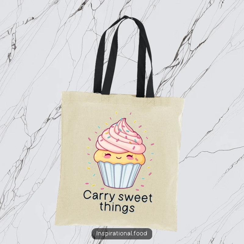 Funny tote bag with a smiling cupcake desiring a generous shower of candy sprinkles, a comical depiction of sweet desires.