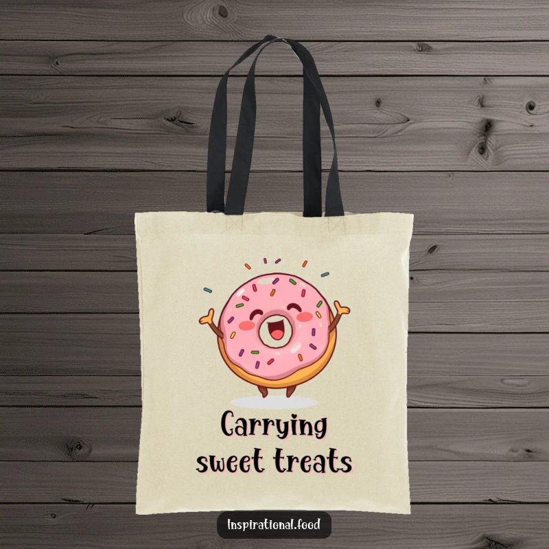 Funny donut wiggling happily with sprinkles on a tote bag, a sweet and practical accessory.
