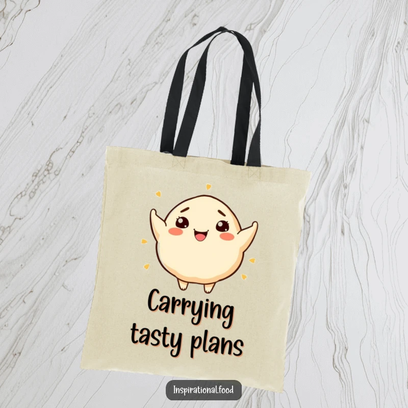 Funny tote bag showcasing a smiling dumpling character brimming with artistic food ideas, perfect for carrying supplies.